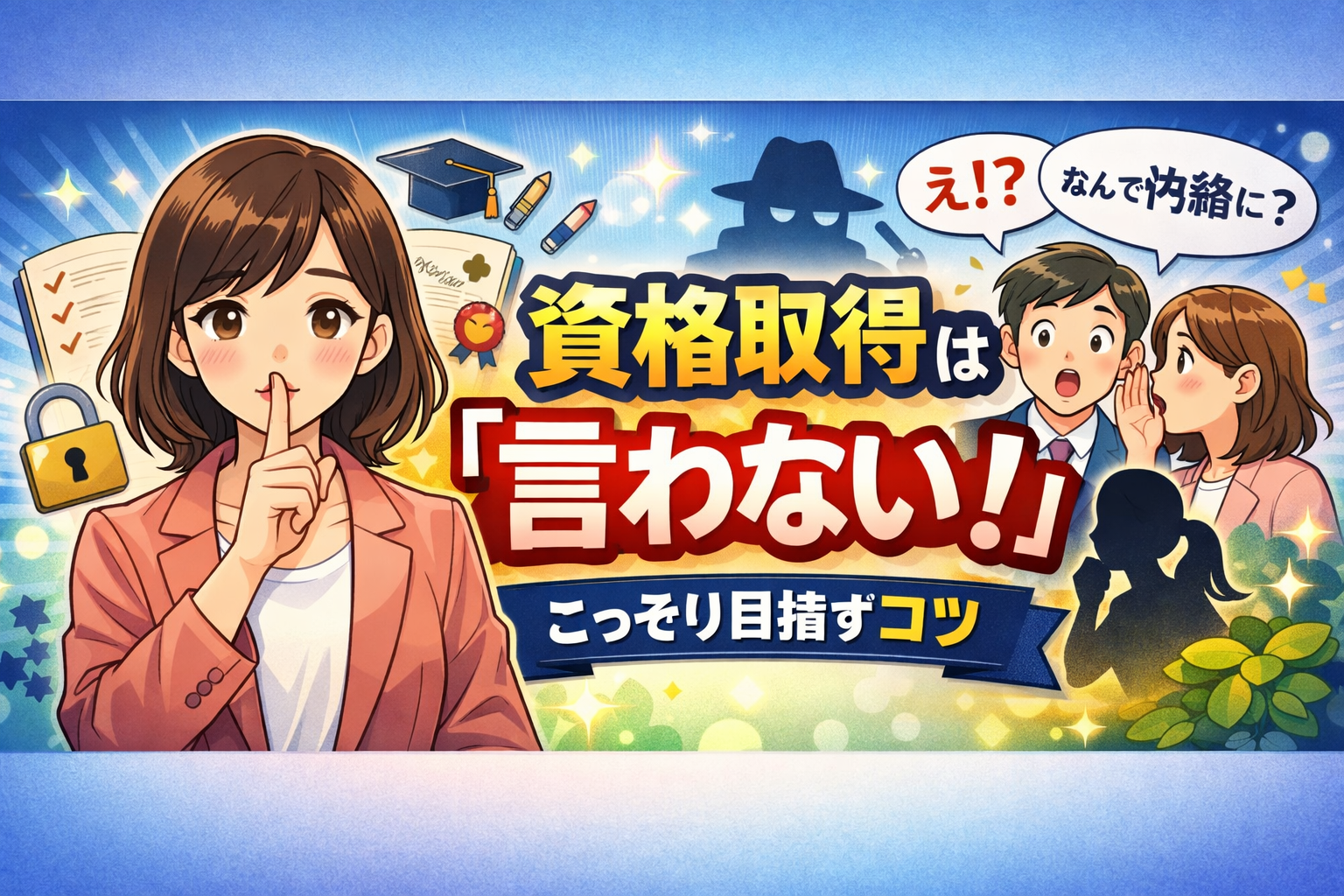 資格取得をあえて言わない理由とこっそり勉強するコツを解説するブログのアイキャッチ画像。秘密にする女性と驚く同僚のイラスト