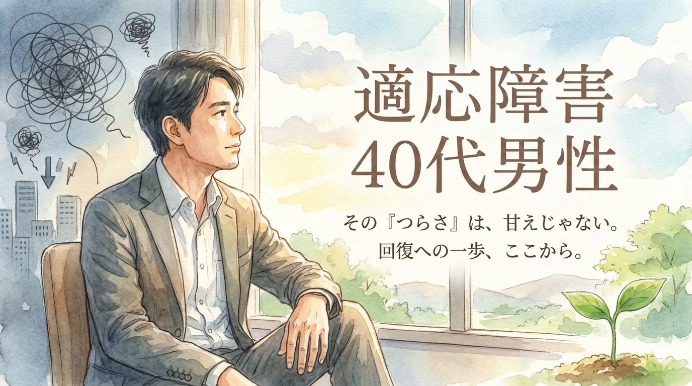 適応障害に悩む40代男性が窓際で休息し、回復への希望を見出すブログ記事のアイキャッチ画像
