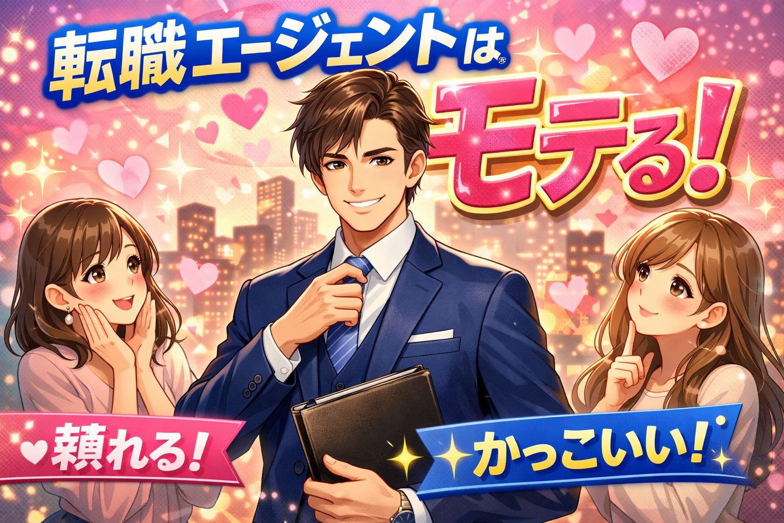 転職エージェントがモテる理由を表現したアイキャッチ画像。スーツ姿で信頼感のある男性転職エージェントが女性から好意的に見られているイラスト