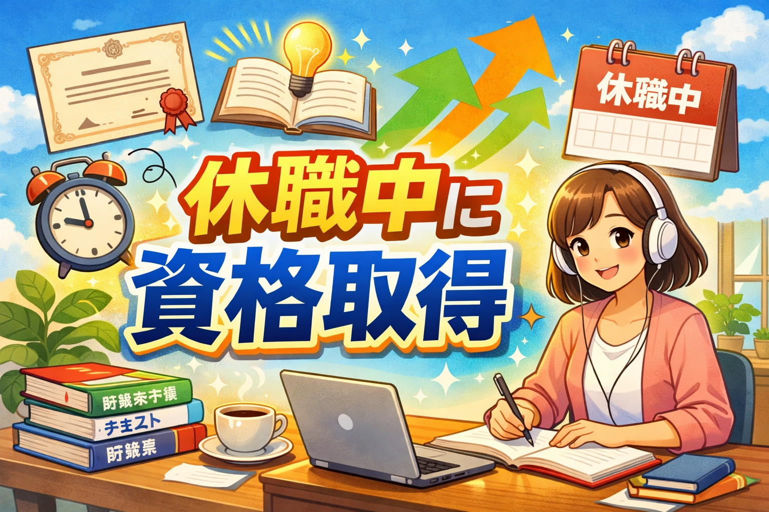 休職中に資格取得を目指して自宅で勉強する女性のイラスト｜パソコンと参考書でスキルアップする様子
