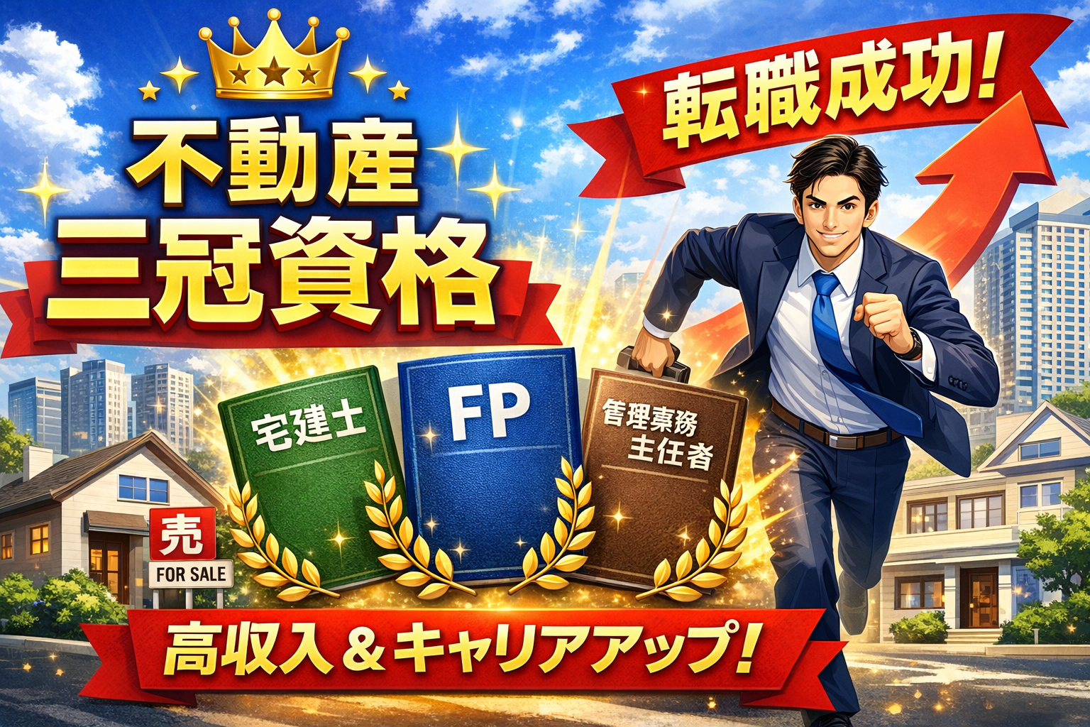 不動産三冠資格（宅建士・FP・管理業務主任者）で転職成功と高収入を訴求するアイキャッチ画像