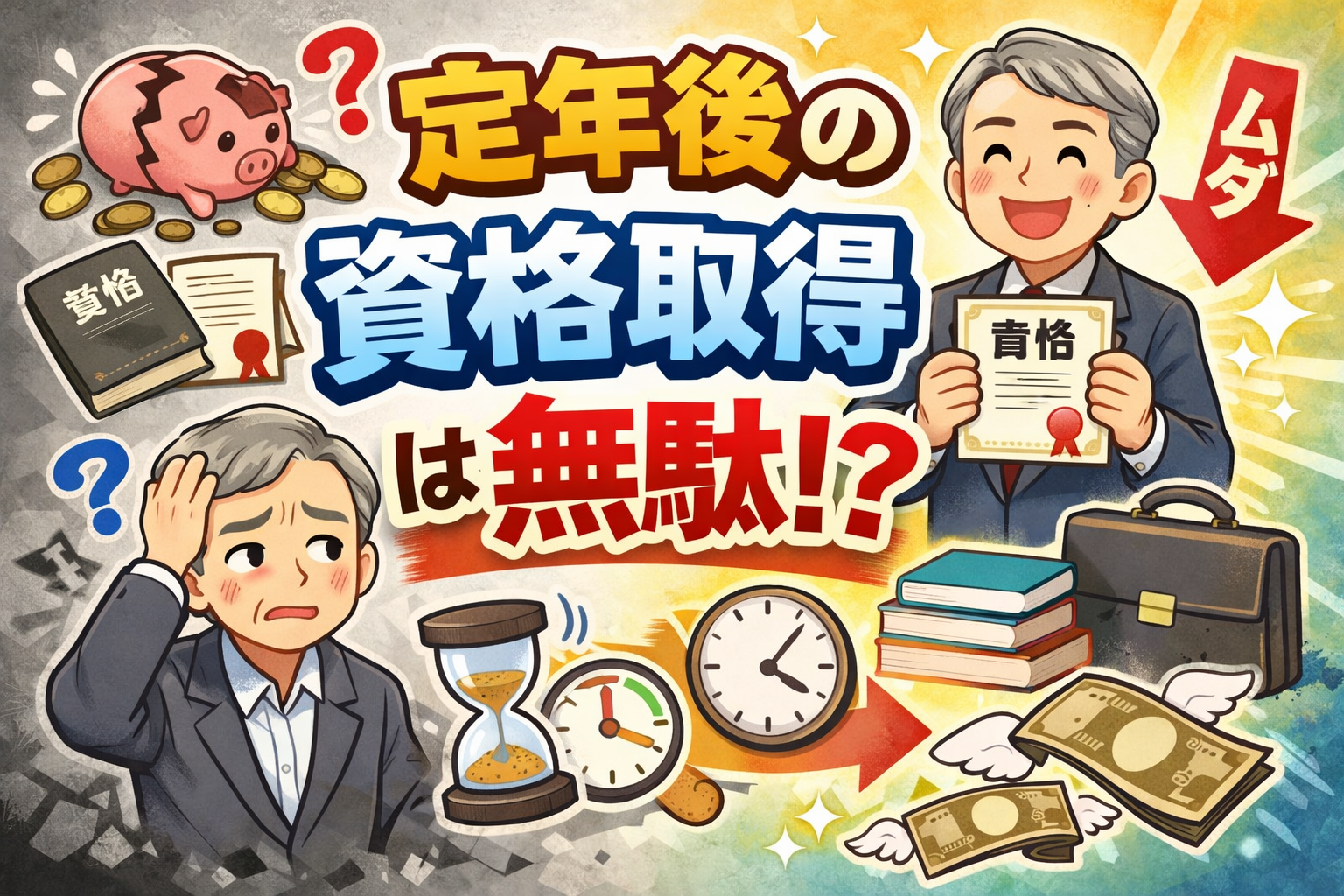 定年後に資格取得は無駄なのか悩むシニア男性と、資格を活かして前向きに笑顔になるシニア男性を対比したイラスト。定年後の資格取得のメリット・デメリットを解説するブログのアイキャッチ画像