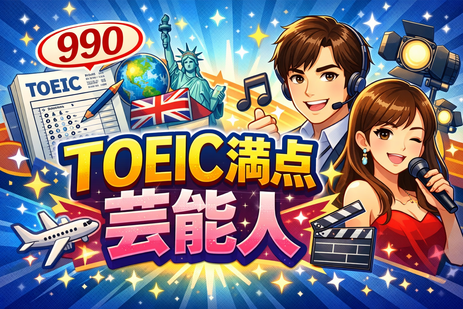 TOEIC満点芸能人を紹介するブログのアイキャッチ画像。990点スコアと英語学習を象徴するイラストで、英語ができる芸能人の実力を表現。