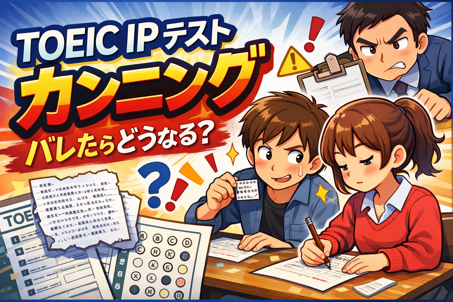 TOEIC IP テストのカンニング行為をイメージしたイラスト。試験中に答えを盗み見ようとする受験者と監督者に注意される様子を描いたブログ用アイキャッチ画像