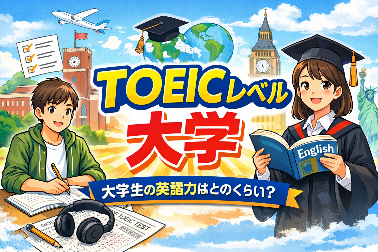 大学生のTOEICレベルはどのくらいかを解説するアイキャッチ画像。大学の英語学習とTOEICスコア目安を表現したイラスト