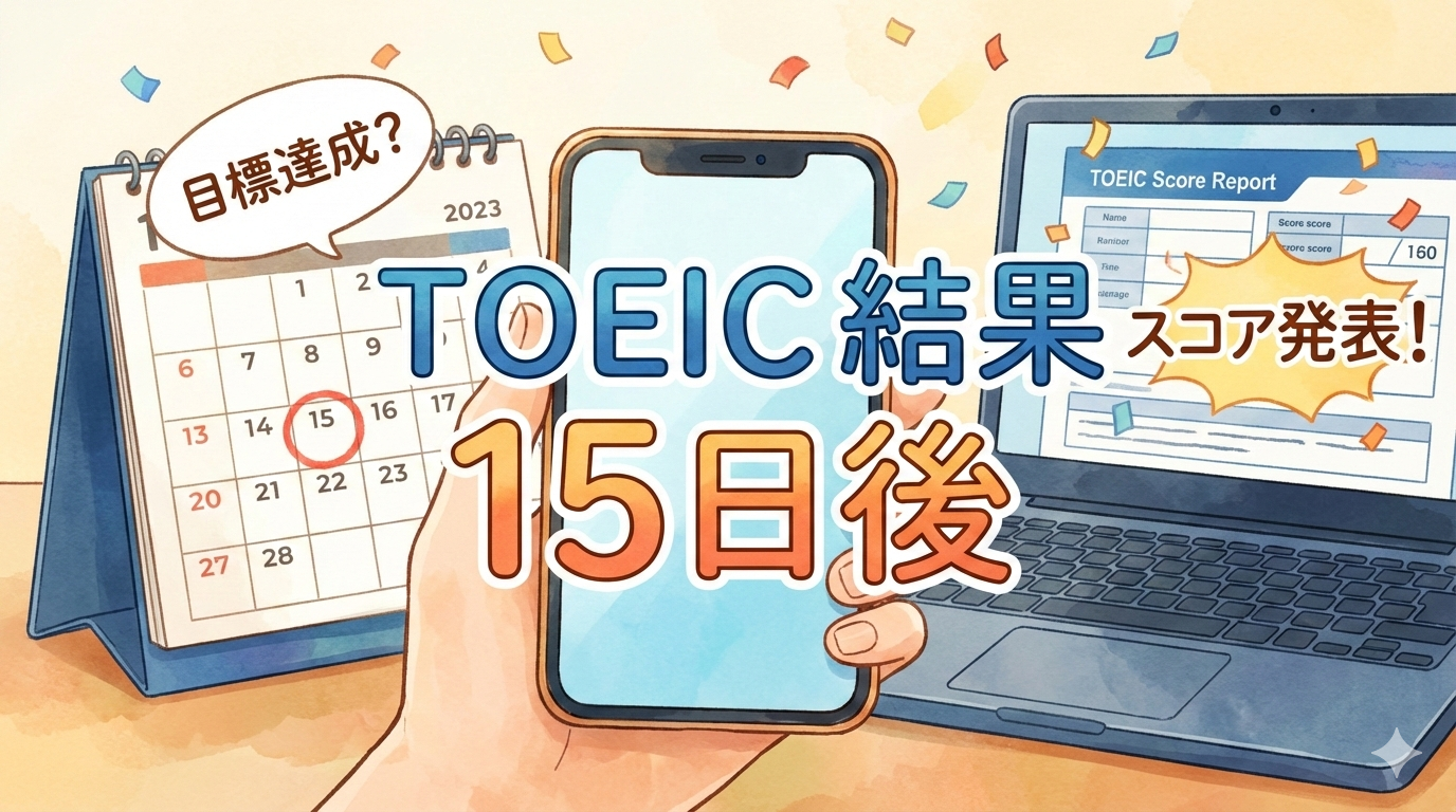 TOEICの結果発表を待つカレンダーと、スコアを確認するスマホ・パソコンのイラスト。TOEIC結果は15日後に発表されることを示すブログ用アイキャッチ画像
