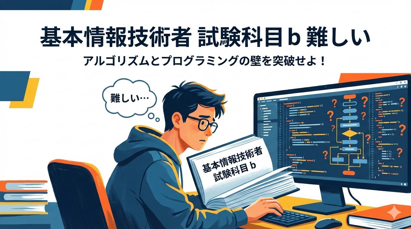 基本情報技術者試験の科目B（アルゴリズムとプログラミング）に悩む受験者と、PC画面に表示されたフローチャートのイラスト。背景には「基本情報技術者 試験科目B 難しい」の文字。