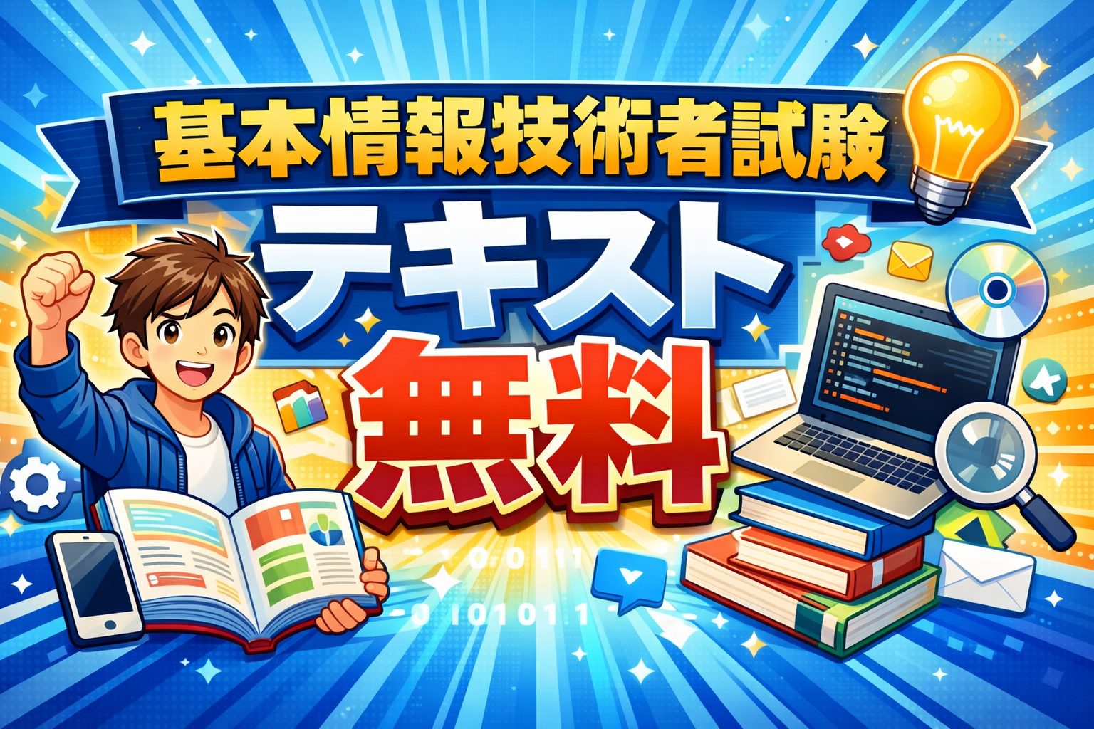 基本情報技術者試験の無料テキストを紹介するアイキャッチ画像。参考書やノートパソコン、学習する人物のイラストで、初心者向けに分かりやすく勉強できる内容を表現している。