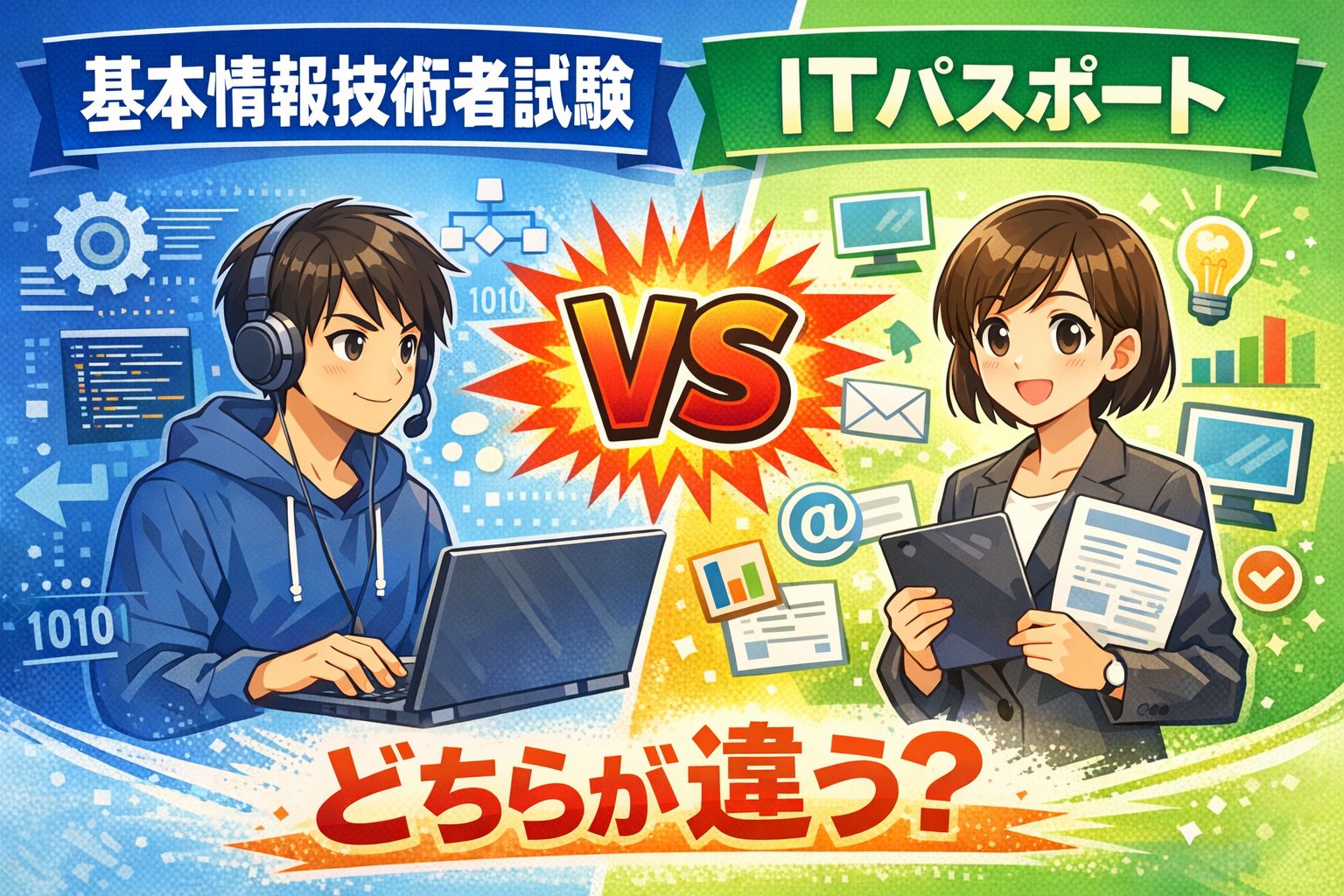 基本情報技術者試験とITパスポートの違いを比較したイラストアイキャッチ画像｜試験レベル・対象者・難易度をわかりやすく解説