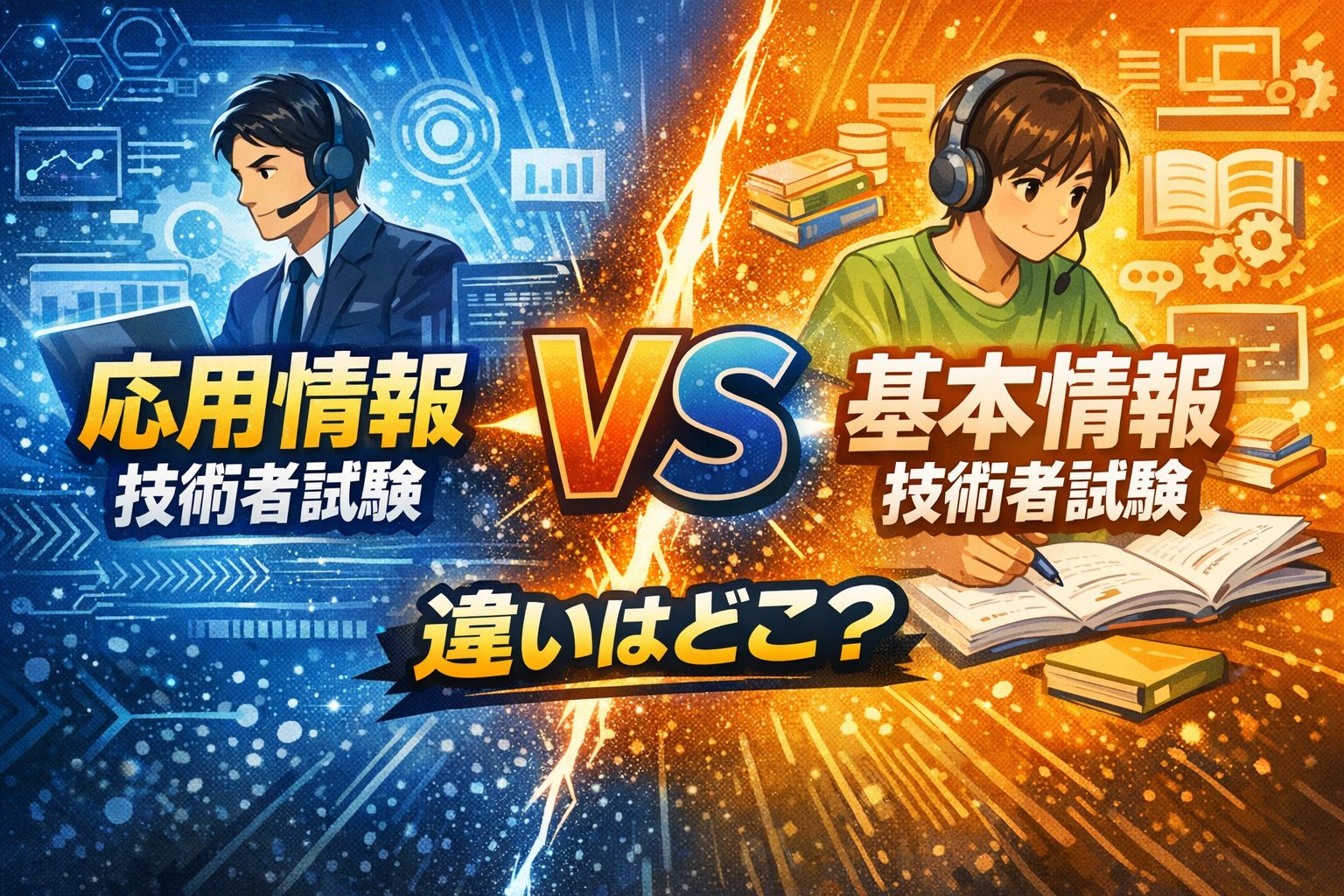 応用情報技術者試験と基本情報技術者試験の違いを比較したアイキャッチ画像。応用情報と基本情報をVS構図で分かりやすく解説