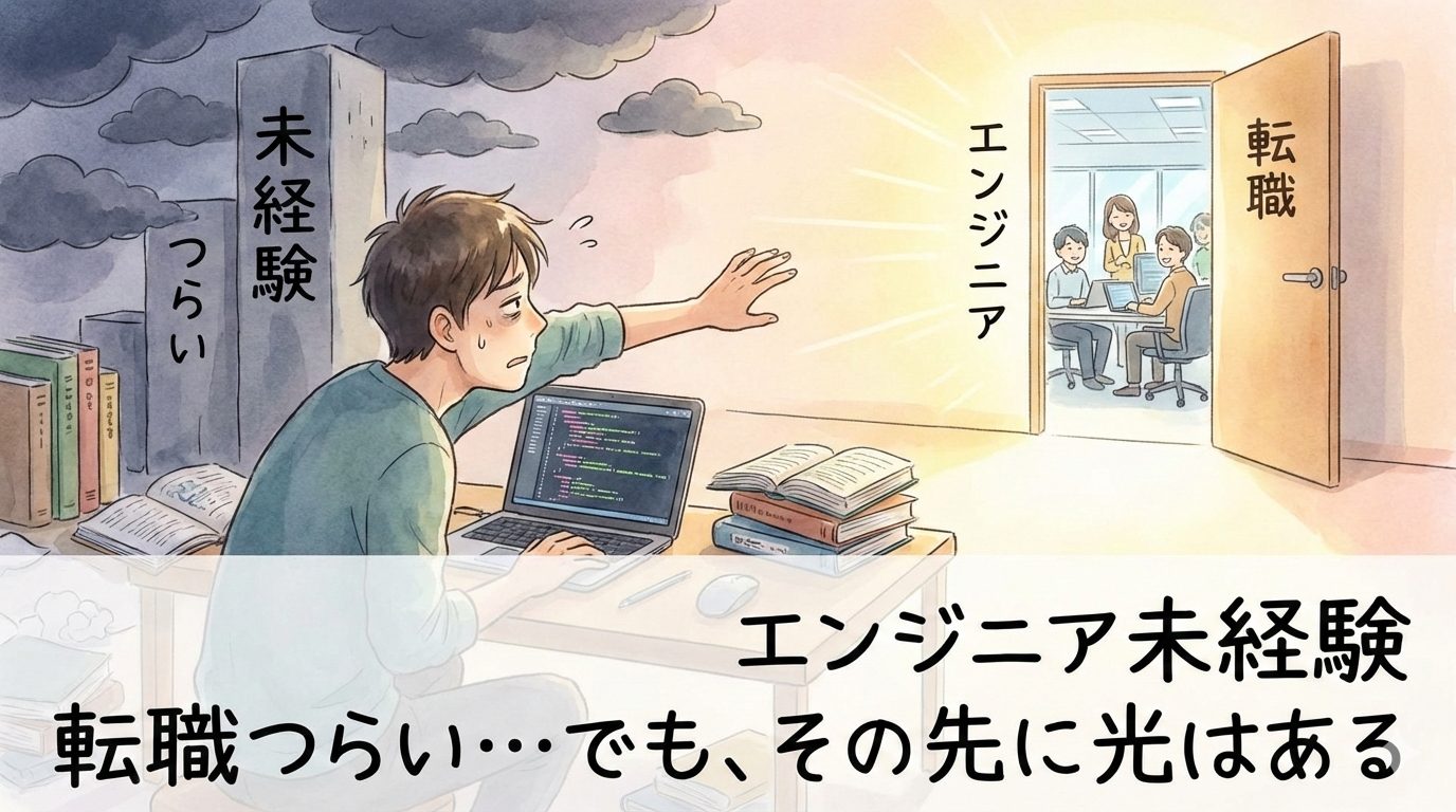 エンジニア未経験での転職活動がつらいと感じている男性が、PCの前で悩みながらも光の差す明るいオフィスを見上げているイラスト。エンジニアへの道と希望を表現。