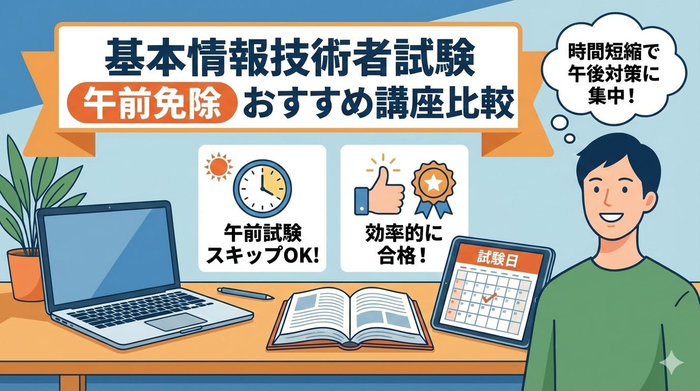 基本情報技術者試験の午前免除でおすすめの講座比較と、効率的な学習方法をイメージしたアイキャッチ画像