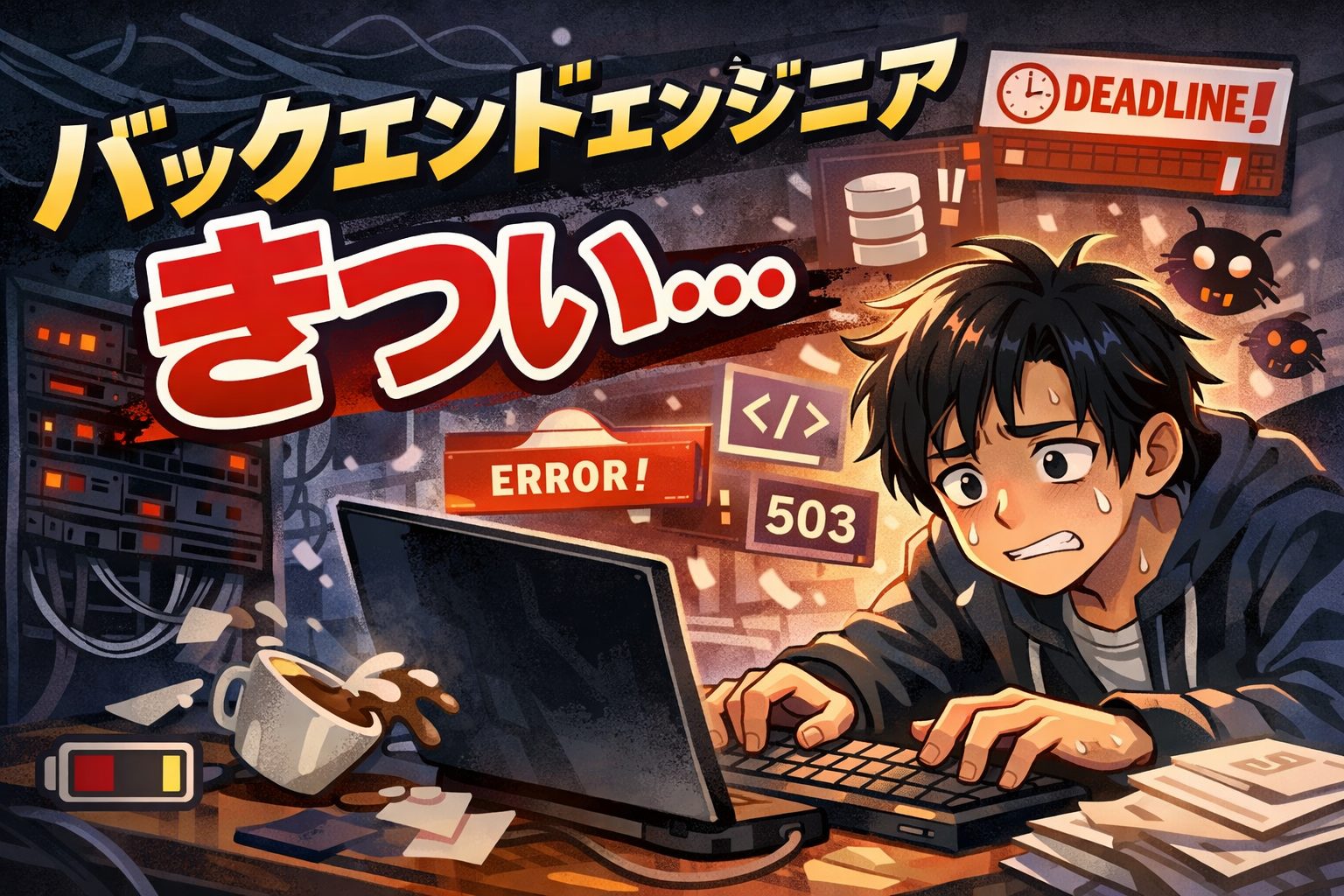 バックエンドエンジニアの仕事がきついと感じる理由を表現したエラー多発の開発現場イラスト
