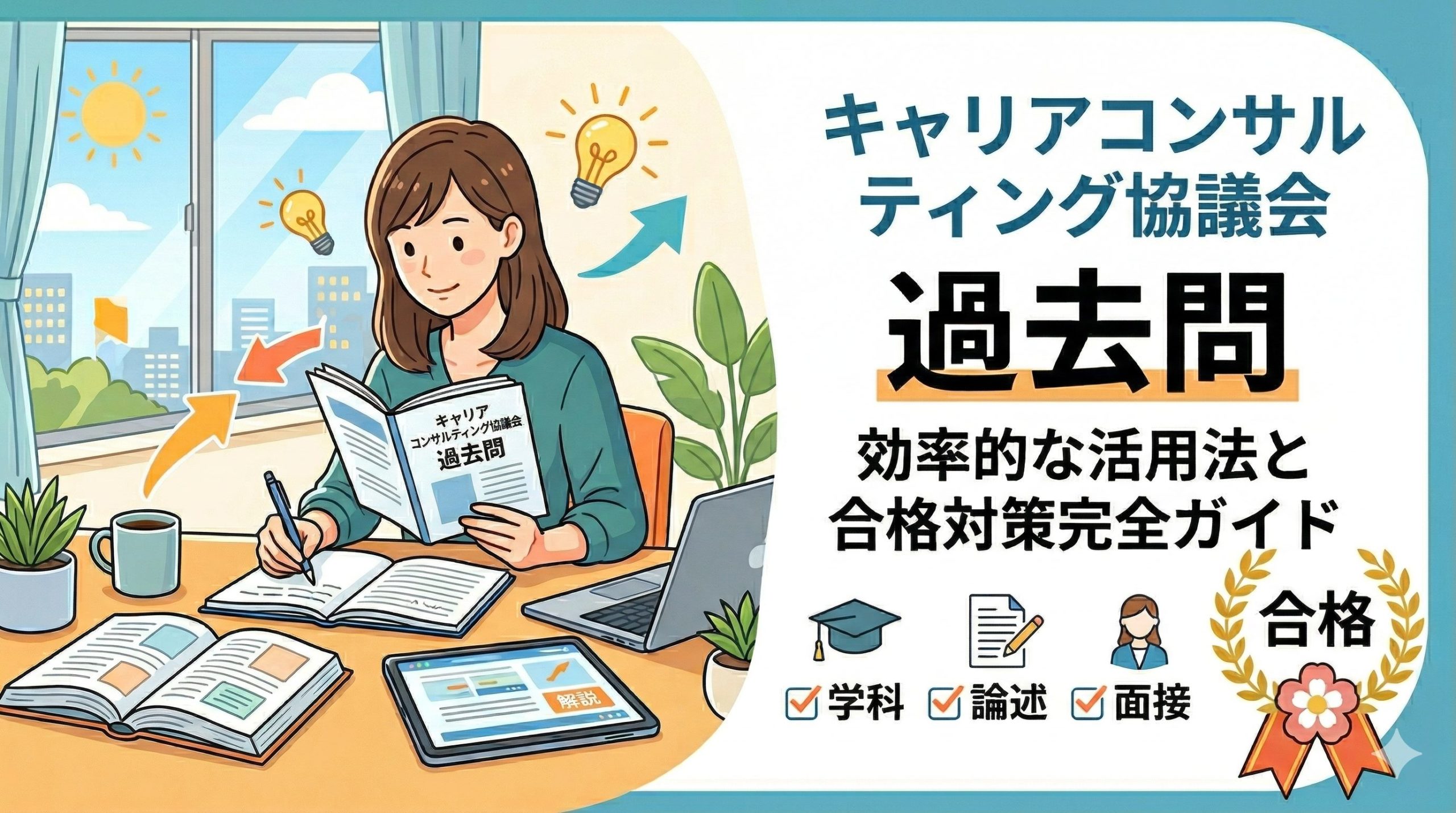 「キャリアコンサルティング協議会 過去問」を活用した合格対策完全ガイドのアイキャッチ画像。学科・論述・面接の包括的な勉強法と効率的な活用術を、デスクで学習する女性のイラストで表現。